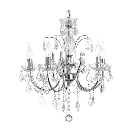 Lampadario classico in metallo cromato con cristalli trasparenti