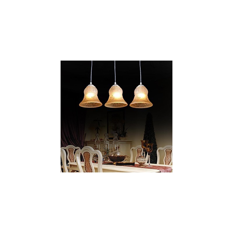 Lampadario a sospensione bianco a 3 luci con paralumi in vetro dorato, stile retrò europeo