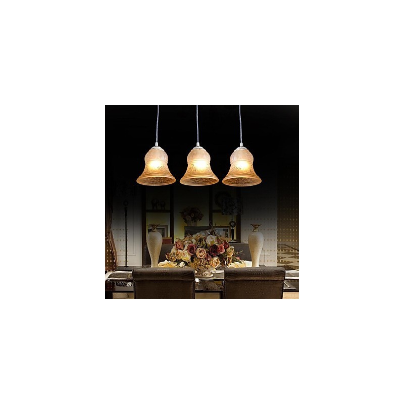 Lampadario a sospensione bianco a 3 luci con paralumi in vetro dorato, stile retrò europeo