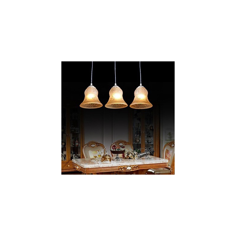 Lampadario a sospensione bianco a 3 luci con paralumi in vetro dorato, stile retrò europeo