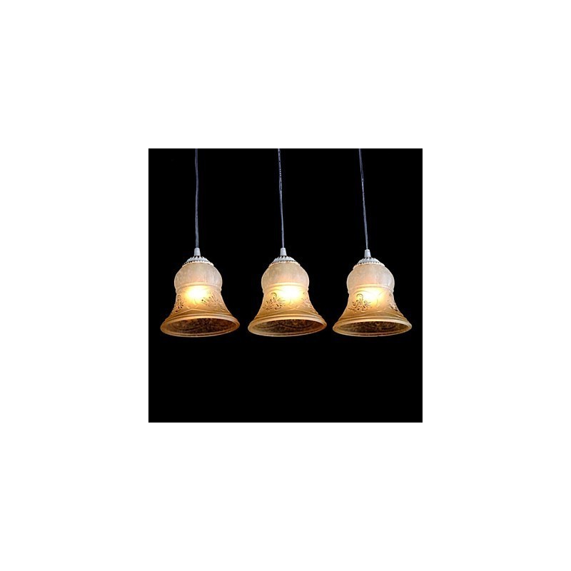 Lampadario a sospensione bianco a 3 luci con paralumi in vetro dorato, stile retrò europeo