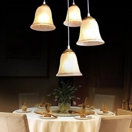 Lampada a sospensione in bronzo a 4 luci con paralume in vetro, stile retrò classico europeo