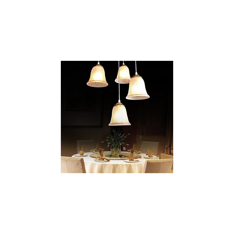 Lampada a sospensione in bronzo a 4 luci con paralume in vetro, stile retrò classico europeo