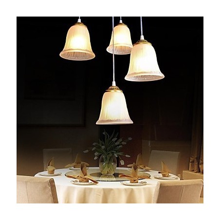 Lampada a sospensione in bronzo a 4 luci con paralume in vetro, stile retrò classico europeo
