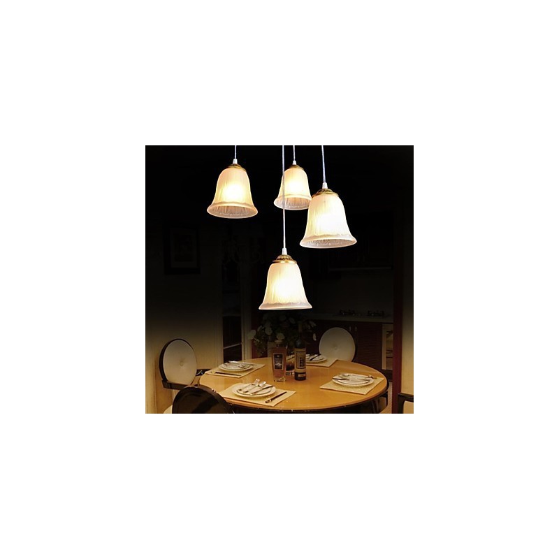 Lampada a sospensione in bronzo a 4 luci con paralume in vetro, stile retrò classico europeo