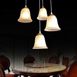 Lampada a sospensione in bronzo a 4 luci con paralume in vetro, stile retrò classico europeo