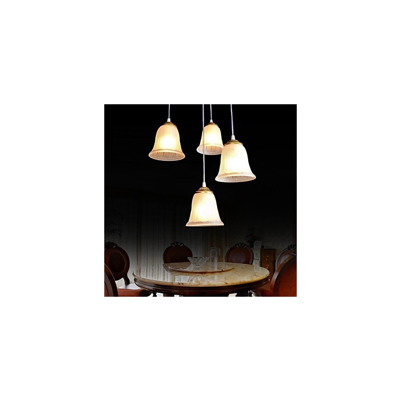 Lampada a sospensione in bronzo a 4 luci con paralume in vetro, stile retrò classico europeo