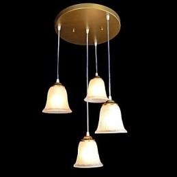 Lampada a sospensione in bronzo a 4 luci con paralume in vetro, stile retrò classico europeo
