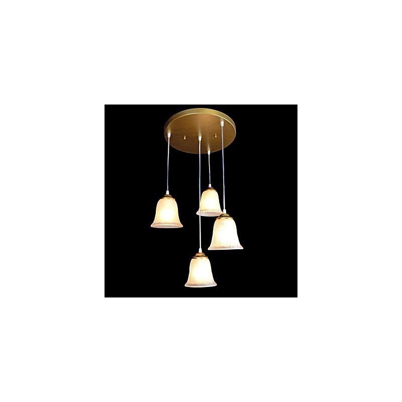 Lampada a sospensione in bronzo a 4 luci con paralume in vetro, stile retrò classico europeo
