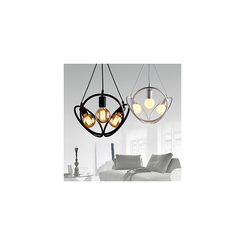 Lampadario a sospensione classico retrò a 3 luci in metallo nero e bianco