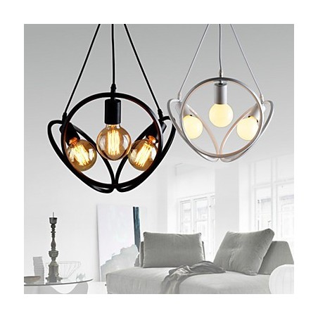 Lampadario a sospensione classico retrò a 3 luci in metallo nero e bianco