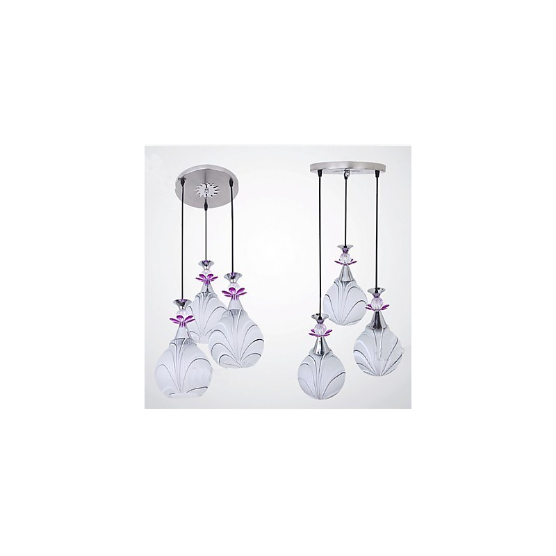 Lampada a sospensione a 3 luci in ceramica bianca con dettagli viola
