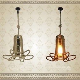 Lampadario a sospensione industriale retrò in ferro battuto e canapa, marrone