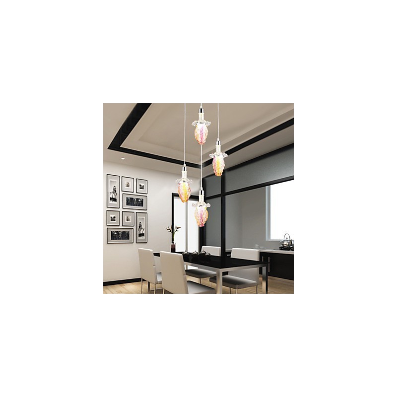 Lampada a sospensione moderna contemporanea in metallo e vetro, 3 luci LED, multicolore viola
