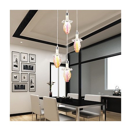 Lampada a sospensione moderna contemporanea in metallo e vetro, 3 luci LED, multicolore viola
