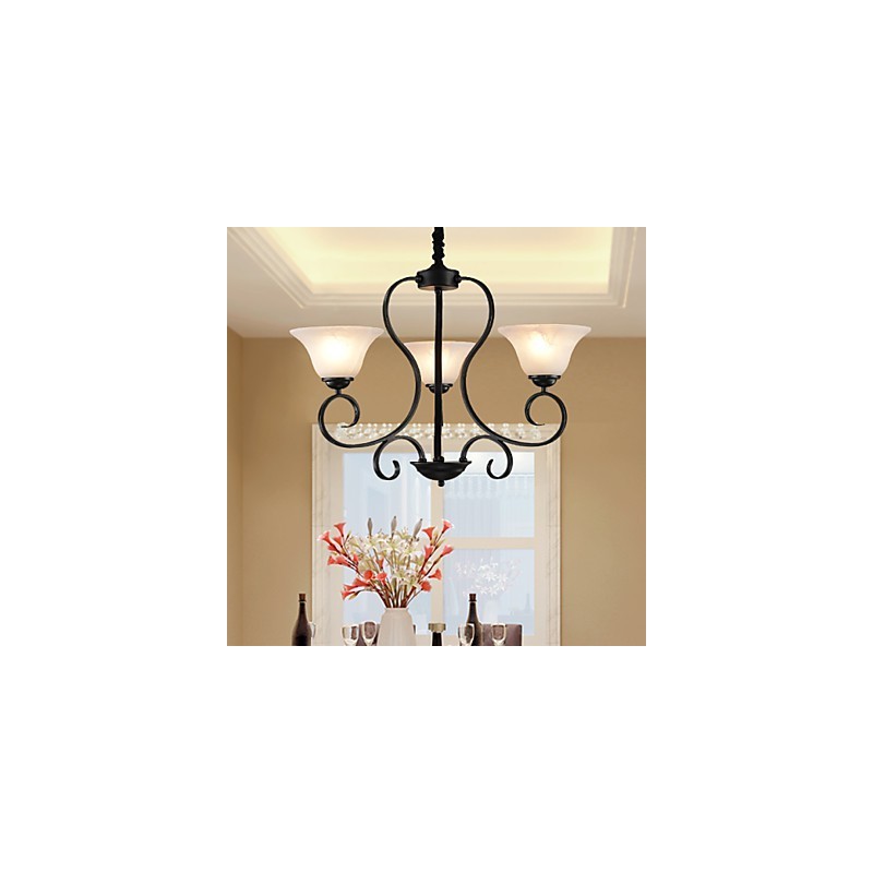 Lampadario retrò country a 3 luci in metallo nero con paralumi in vetro bianco