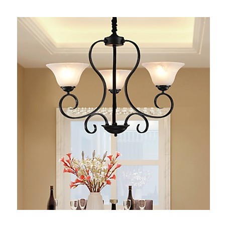 Lampadario retrò country a 3 luci in metallo nero con paralumi in vetro bianco