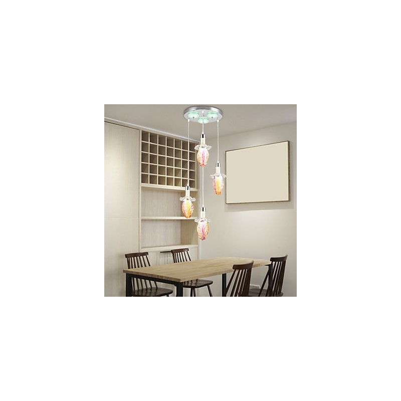 Lampada a sospensione moderna contemporanea in metallo e vetro, 3 luci LED, multicolore viola