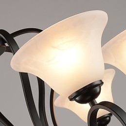 Lampadario retrò country a 3 luci in metallo nero con paralumi in vetro bianco