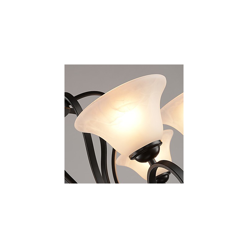 Lampadario retrò country a 3 luci in metallo nero con paralumi in vetro bianco