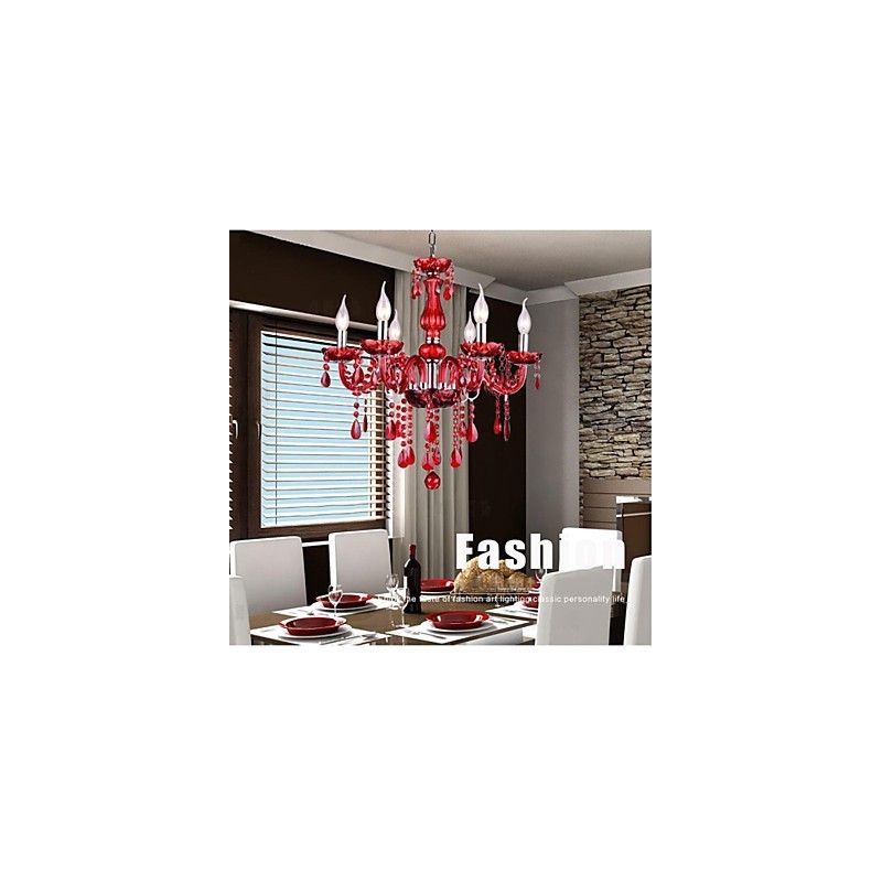 Lampadario moderno in cristallo rosso 6 luci E12/E14