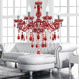 Lampadario moderno in cristallo rosso 6 luci E12/E14