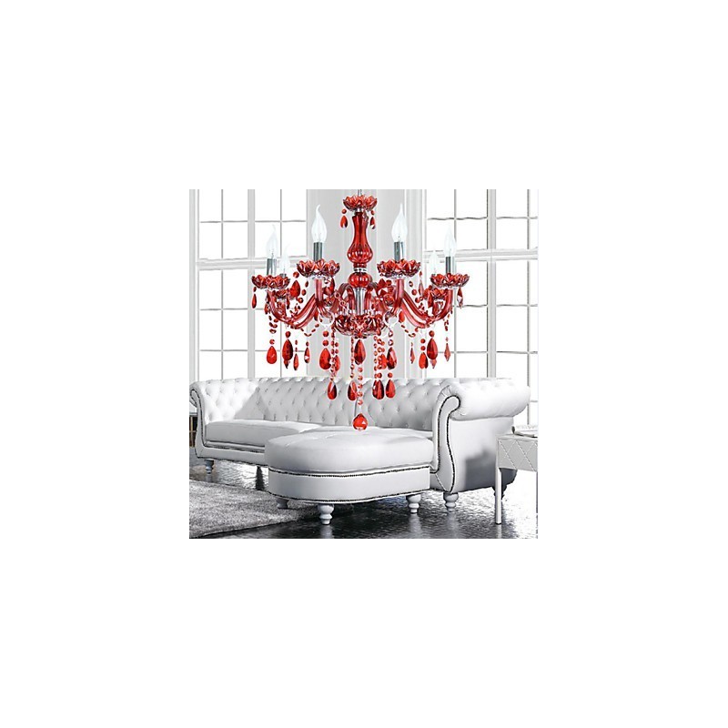 Lampadario moderno in cristallo rosso 6 luci E12/E14