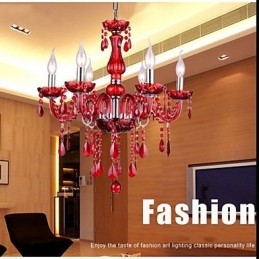 Lampadario moderno in cristallo rosso 6 luci E12/E14
