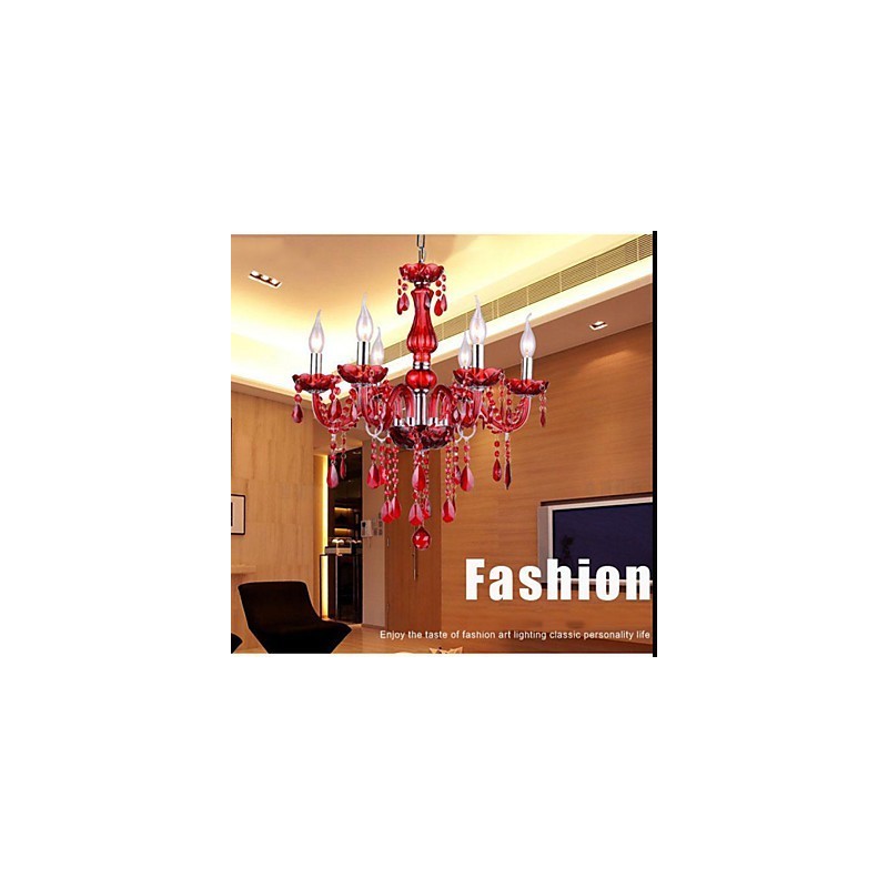 Lampadario moderno in cristallo rosso 6 luci E12/E14