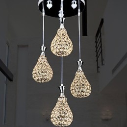 Lampada a sospensione moderna contemporanea a 4 teste in metallo e cristallo