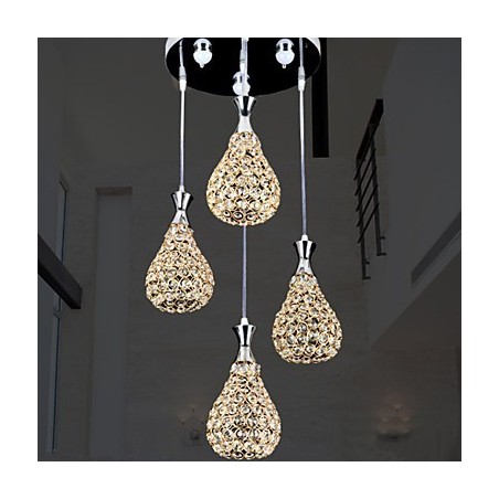 Lampada a sospensione moderna contemporanea a 4 teste in metallo e cristallo