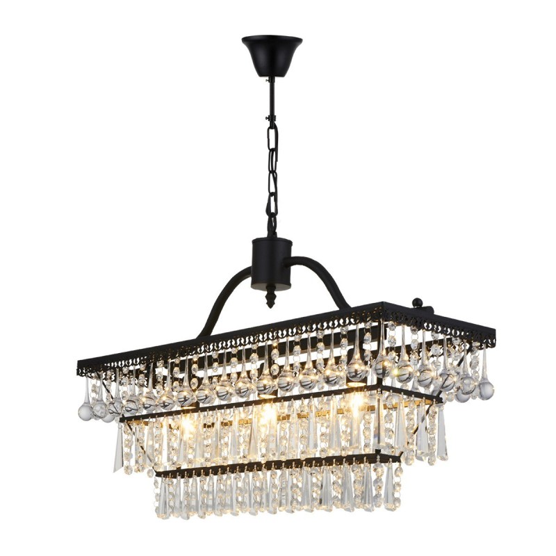 Lampadario classico in metallo e cristallo rettangolare a 3 livelli