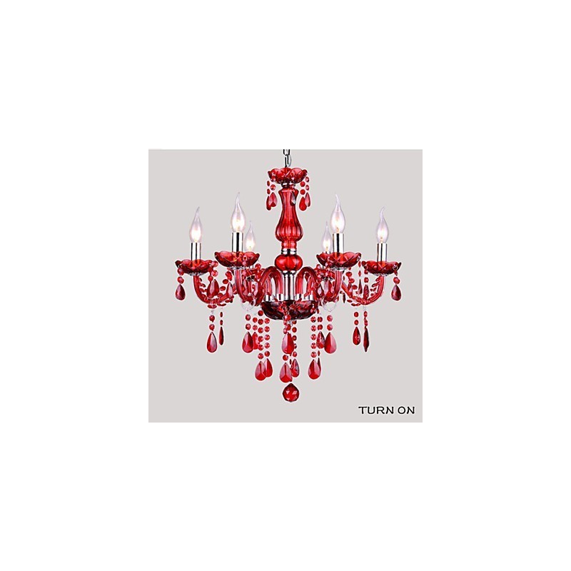 Lampadario moderno in cristallo rosso 6 luci E12/E14