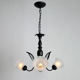 Lampadario classico tradizionale in metallo dipinto con paralume in vetro bianco