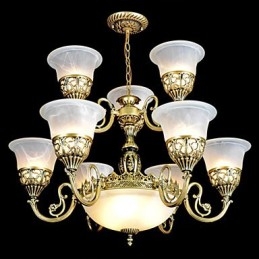 Lampadario vintage in metallo bronzo a 2 livelli, paralume in vetro bianco