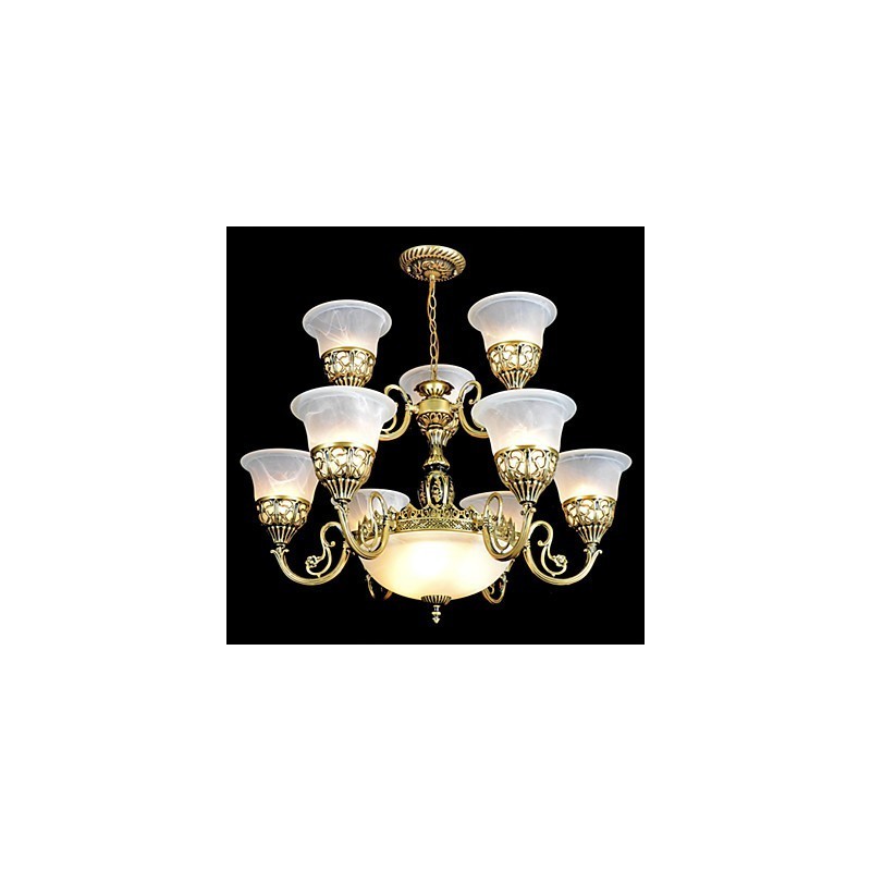 Lampadario vintage in metallo bronzo a 2 livelli, paralume in vetro bianco