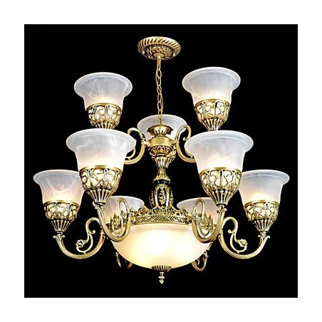 Lampadario vintage in metallo bronzo a 2 livelli, paralume in vetro bianco