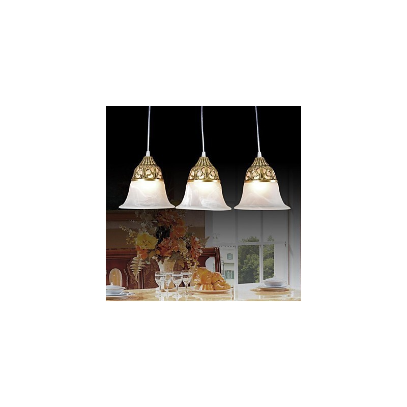 Lampada a sospensione classica europea in bronzo a 3 luci in vetro moiré
