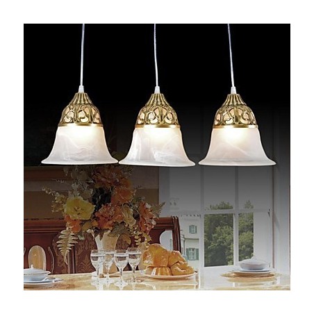 Lampada a sospensione classica europea in bronzo a 3 luci in vetro moiré