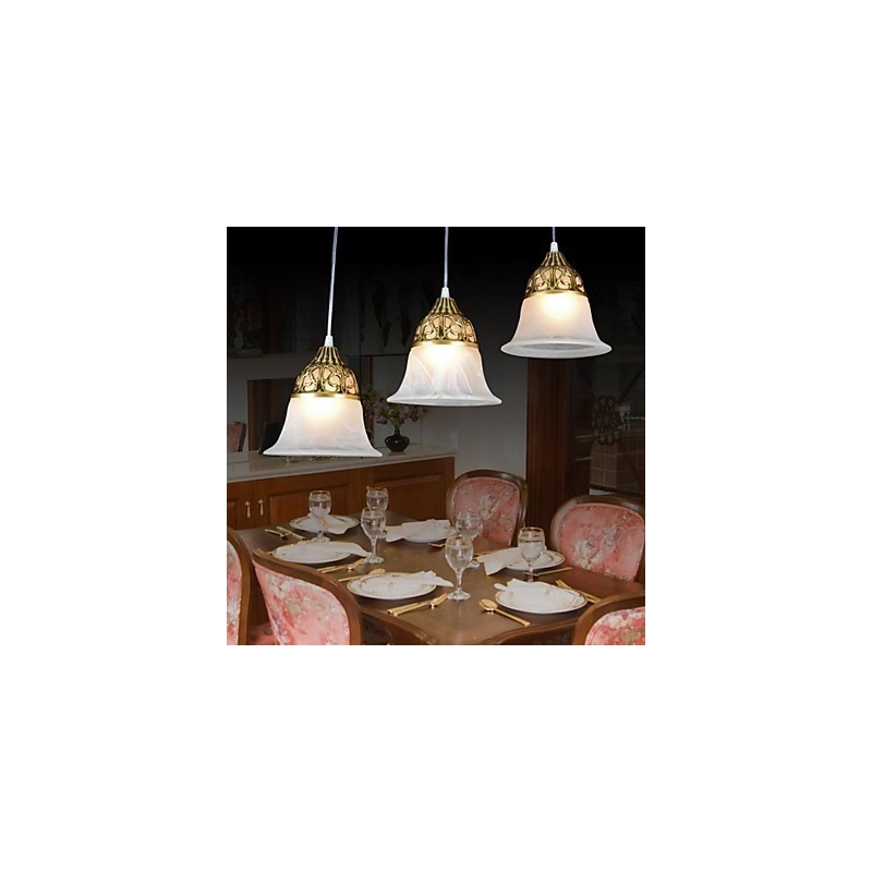 Lampada a sospensione classica europea in bronzo a 3 luci in vetro moiré
