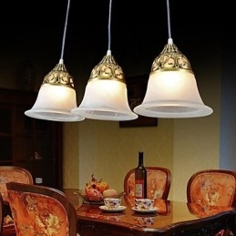Lampada a sospensione classica europea in bronzo a 3 luci in vetro moiré