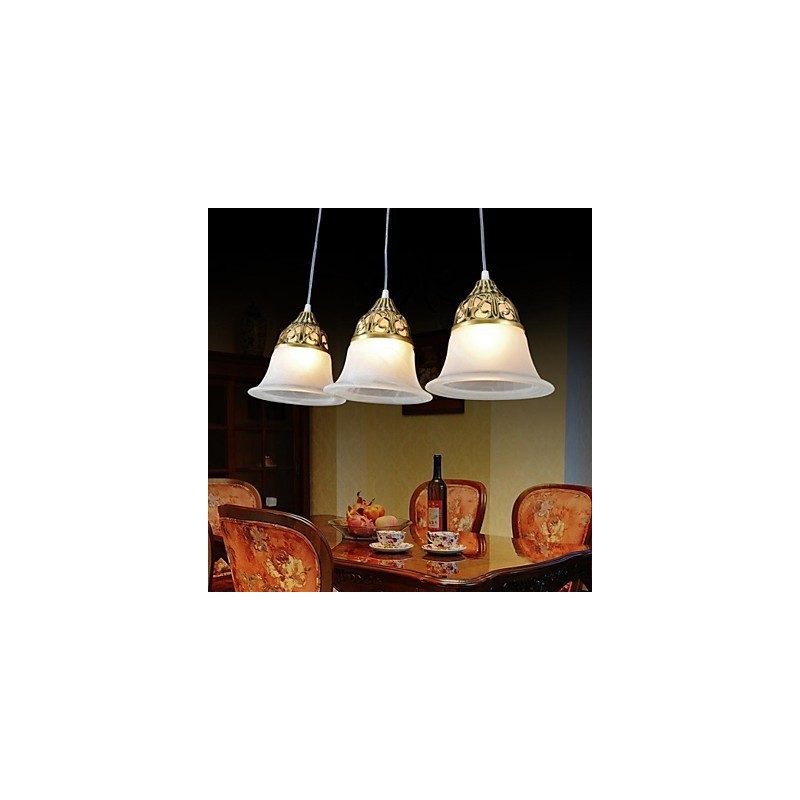 Lampada a sospensione classica europea in bronzo a 3 luci in vetro moiré
