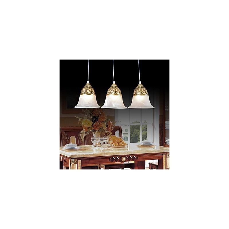 Lampada a sospensione classica europea in bronzo a 3 luci in vetro moiré