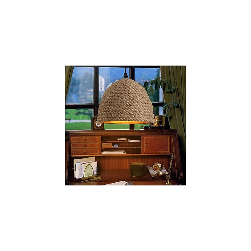 Lampadario a sospensione industriale vintage in ferro battuto e canapa