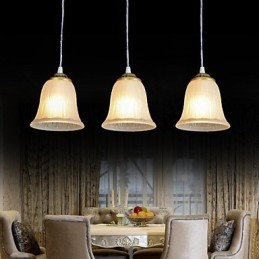 Lampada a sospensione retrò classica in bronzo a 3 luci con paralume in vetro