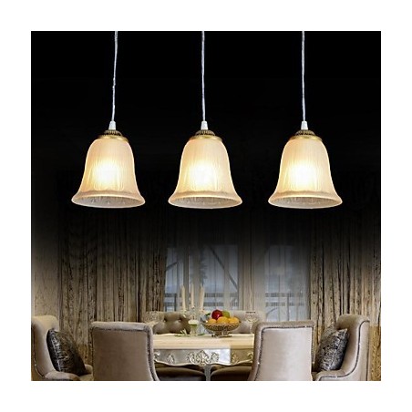 Lampada a sospensione retrò classica in bronzo a 3 luci con paralume in vetro