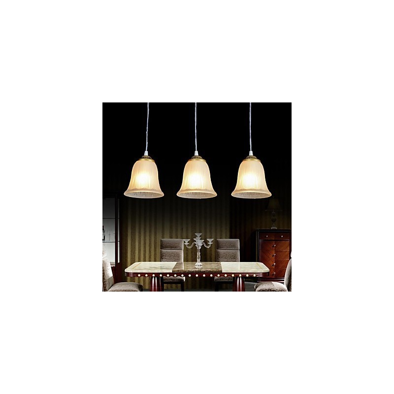 Lampada a sospensione retrò classica in bronzo a 3 luci con paralume in vetro