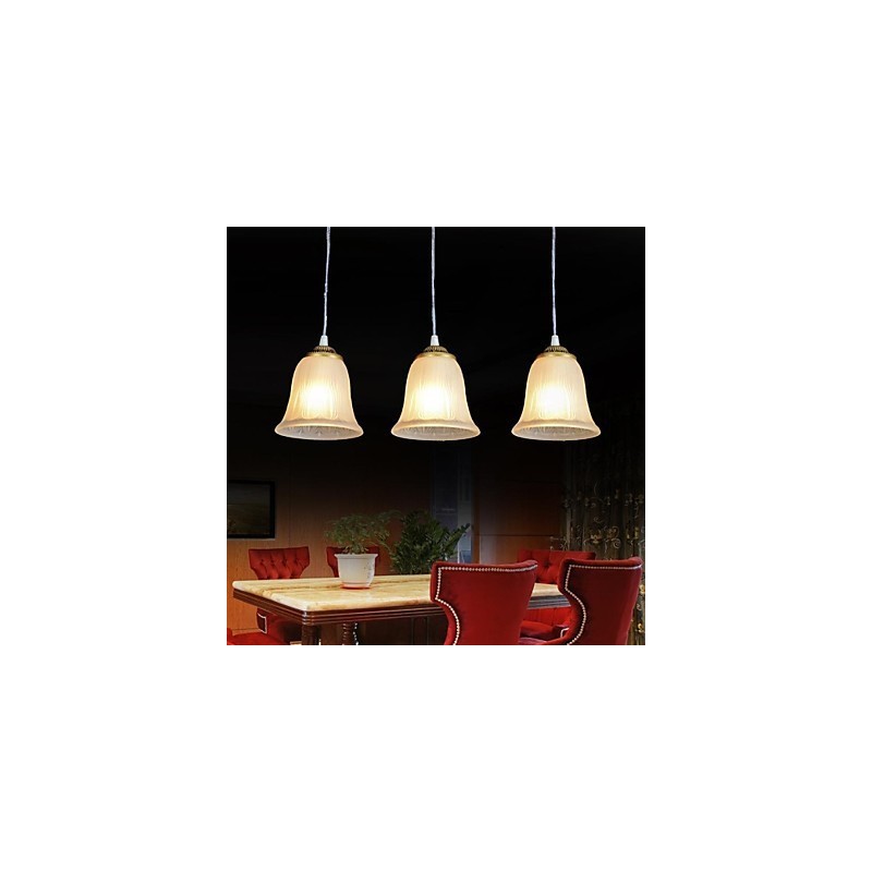 Lampada a sospensione retrò classica in bronzo a 3 luci con paralume in vetro