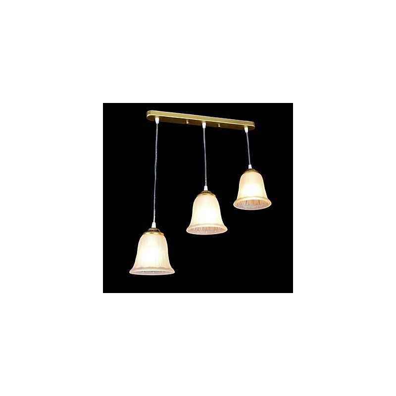 Lampada a sospensione retrò classica in bronzo a 3 luci con paralume in vetro