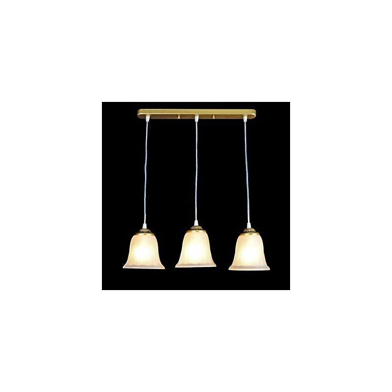Lampada a sospensione retrò classica in bronzo a 3 luci con paralume in vetro